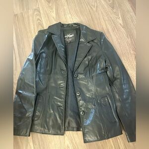 Black, small, women’s leather jacket. Brand is Maxima by Wilson’s leather